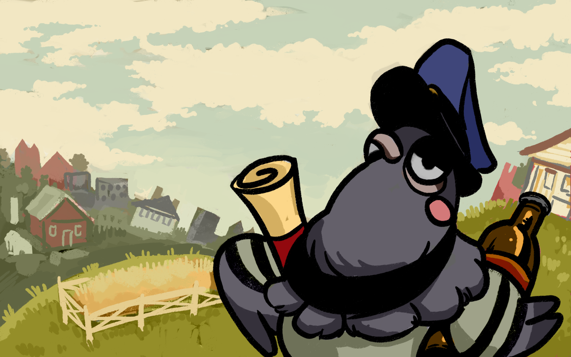 A delivery pigeon holds a rolled paper in its right wing and holds its head high and with pride. A farm scene is slightly blurred in the background.